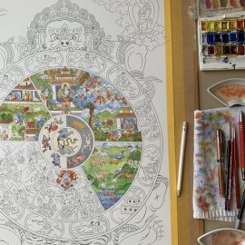 The Wheel of Life – het Levenswiel, geschilderd  in aquarel