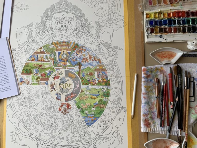 Creating Tibetan Buddhist Art - Thangka Drawing & Thangka Painting Summer Retreat at Maitreya Institute in The Netherlands, with focus on the buddhist Wheel of Life, with Carmen Mensink