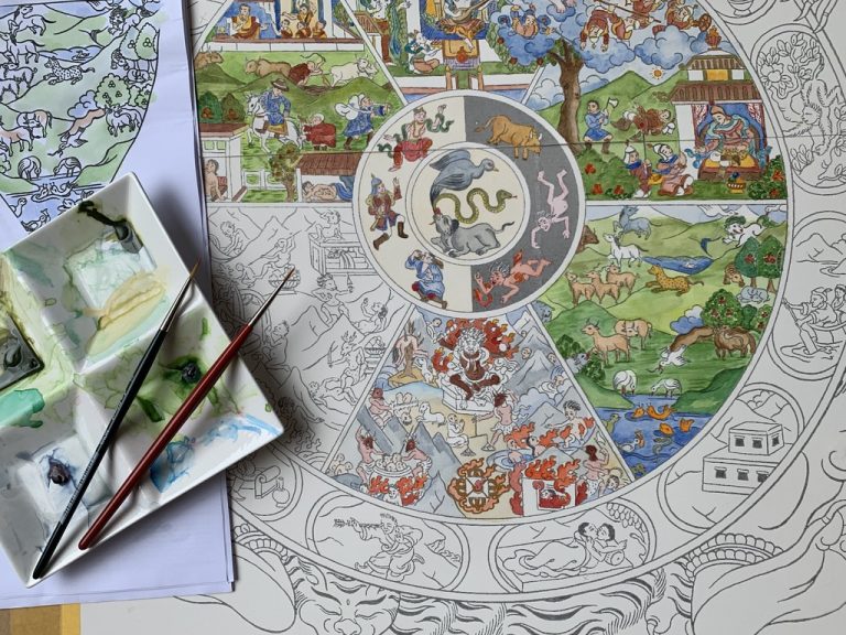 Creating Tibetan Buddhist Art - Thangka Drawing & Thangka Painting Summer Retreat at Maitreya Institute in The Netherlands, with focus on the buddhist Wheel of Life, with Carmen Mensink