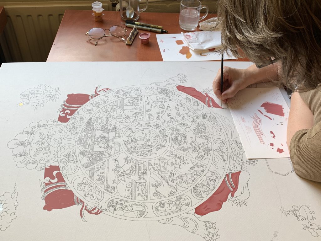 Drawing and Painting Buddhas such as Shakyamuni, Medicine Buddha, Green Tara, White Tara and tibetan mandalas according to traditional buddhist art at the Thangka Painting Summer Retreat in The Netherlands with Carmen Mensink